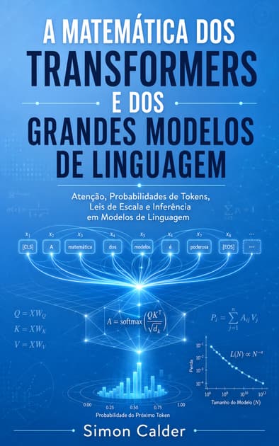Book cover for A MATEMÁTICA DOS TRANSFORMERS E DOS GRANDES MODELOS DE LINGUAGEM: Atenção, Probabilidades de Tokens, Leis de Escala e Inferência em Modelos de Linguagem